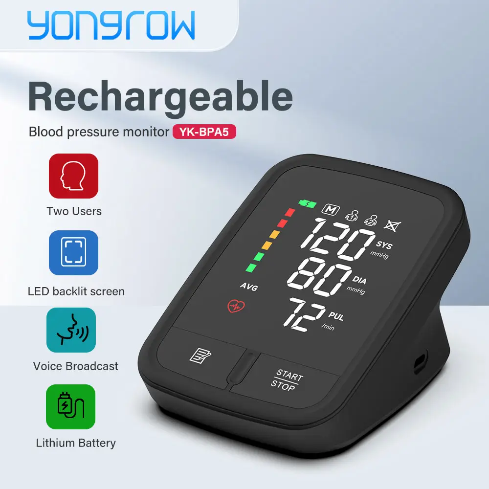 

Yongrow Portable LED Upper Arm Blood Pressure Monitor Portable Rechargeable Digital Tonometer Sphygmomanometer BP monitor