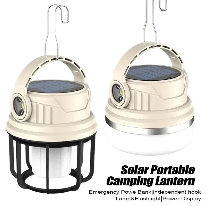 Portable Solar Camping Lantern USB Rechargeable 6mode Flashlight Waterproof Lamp for Outdoor Emergency with Side LampPower Bank