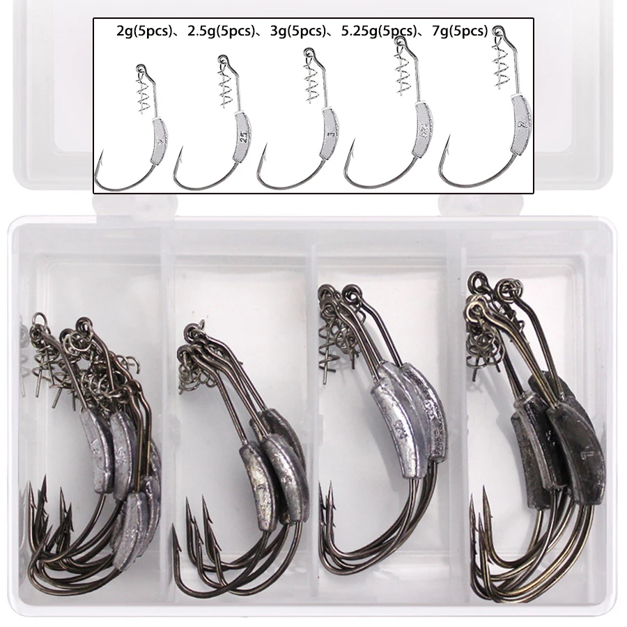 25PCS Weighted Twistlock Hook with Centering Pin for Soft Worm Bait Carbon  Steel Lead Crank Hooks Assorted 5 Sizes 2g-7g
