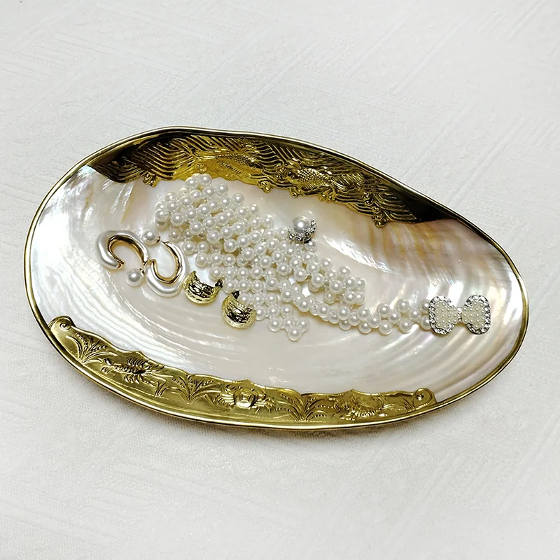 Natural Shell Tray With Golden Metal Edge Mother of Pearl Restaurant Serving Plate Dish Bowl Jewelry Holder Photography Props 6