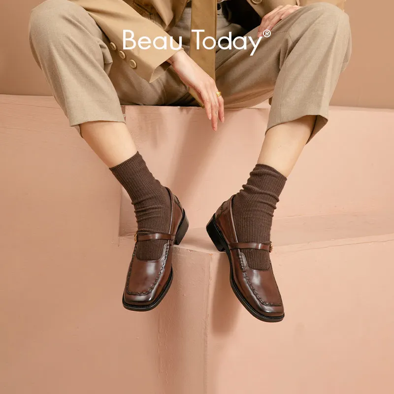 

BeauToday/женские туфли Mary jane из телячьей кожи с квадратным носком; Дизайнерская обувь с пряжкой на ремешке; Официальная женская обувь на плоской подошве; Ручная работа; 28266