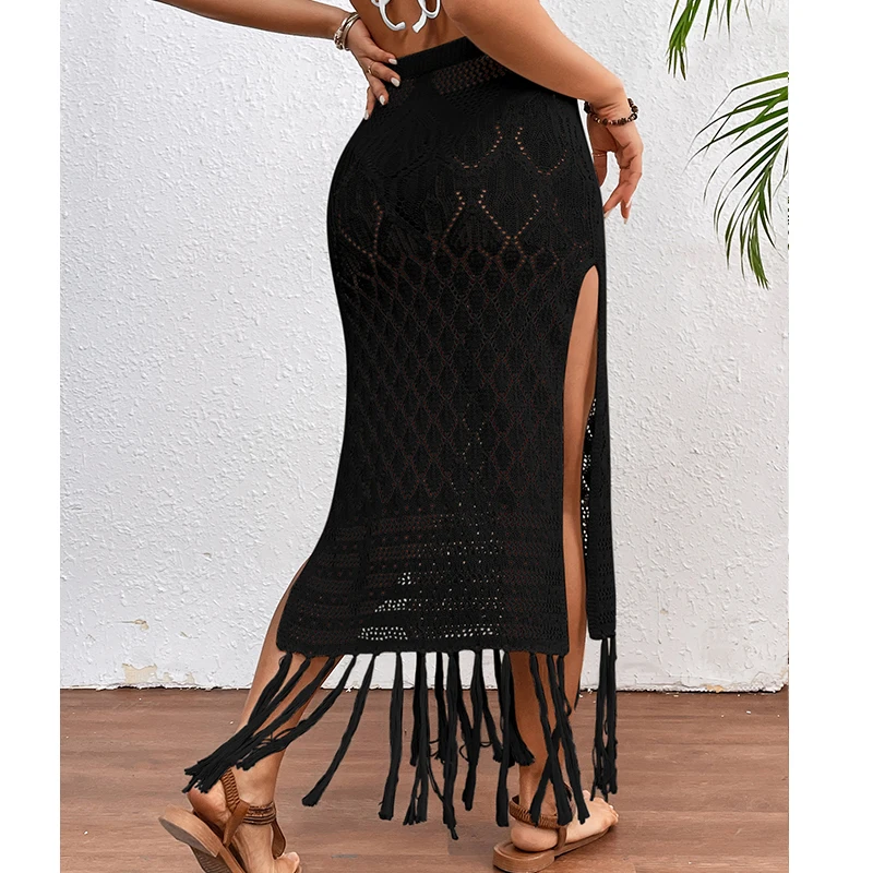 Women's Skirt Cage Swimsuit Cover Up Beach Bikini Wrap Skirt Snow High Slit Tassel Sexy Swimsuit Cover Up