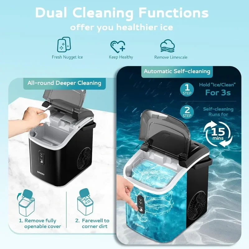 Countertop Ice Maker EUHOMY Nugget Ice Maker Countertop with Handle Ready in 6 Mins 34lbs/24H Removable Top Cover Portable Pebble Ice Maker