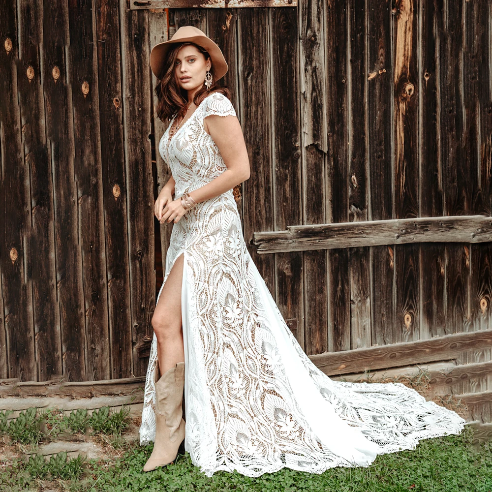 

Short Cap Sleeves V Neck Wedding Dress Boho Custom Made Cutout Lace Hippie Open Back High Split Rustic Backless Bridal Gowns