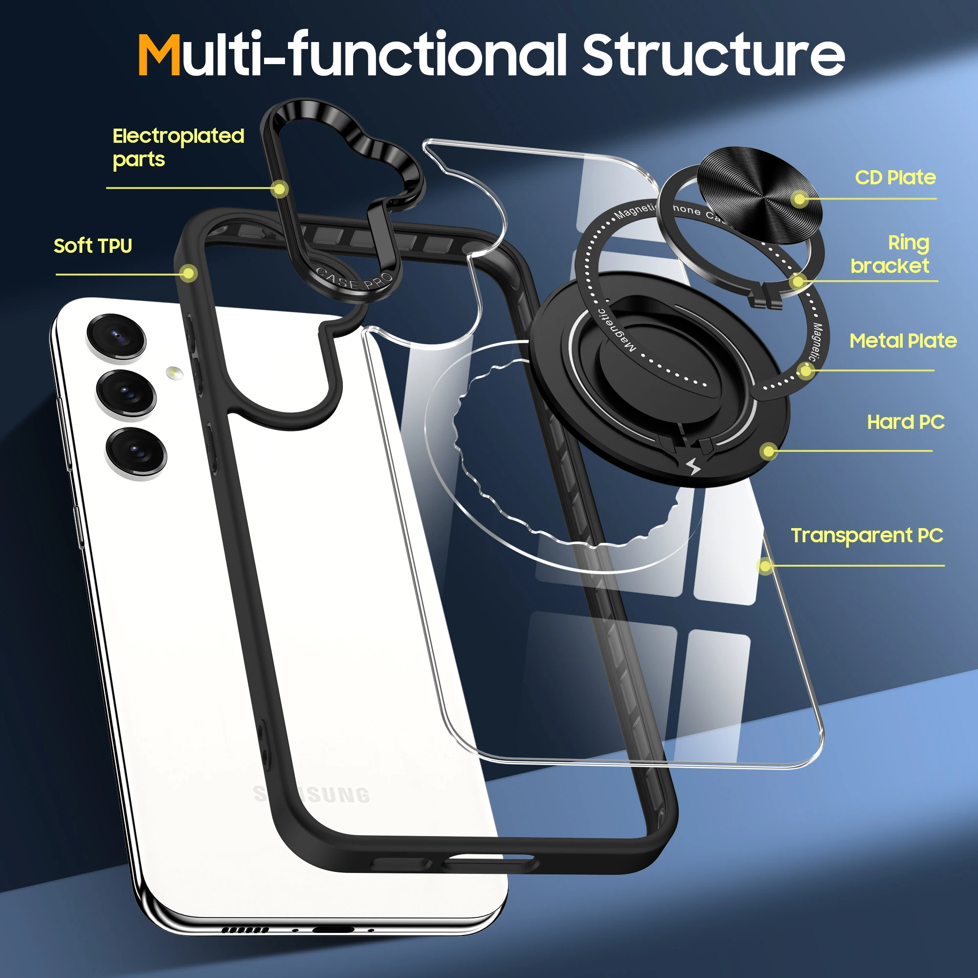 Clear Metal Ring Holder MagSafe Charging Phone Case with Shockproof Hard Cover and Metal Camera Frame