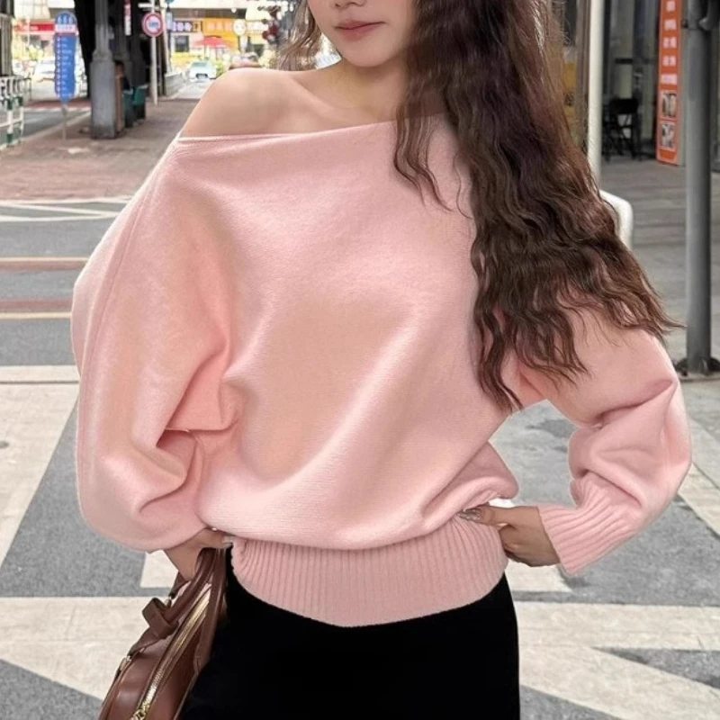 Batwing Long Sleeve Knitted Pullover Women 380g Thick Off Shoulder Top Korean Fashion Sweater Loose Casual Autumn Outwear Pull