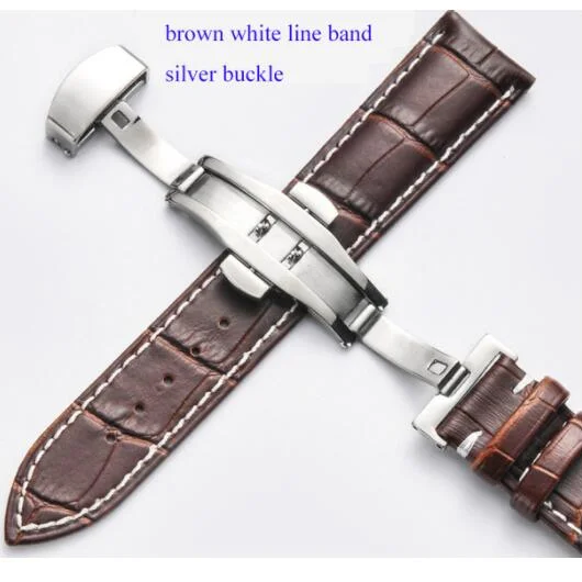 Elegant Leather Watch Band with Double Press Butterfly Clasp