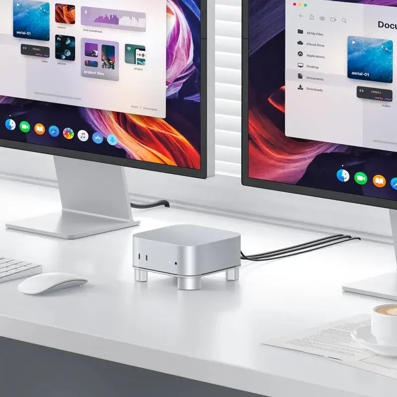 맥 미니 M4 2024용 알루미늄 스탠드, 정밀 맞춤형 쿨링 베이스, 미끄럼 방지 실리콘 발 및 간편한 전원 버튼 접근 기능