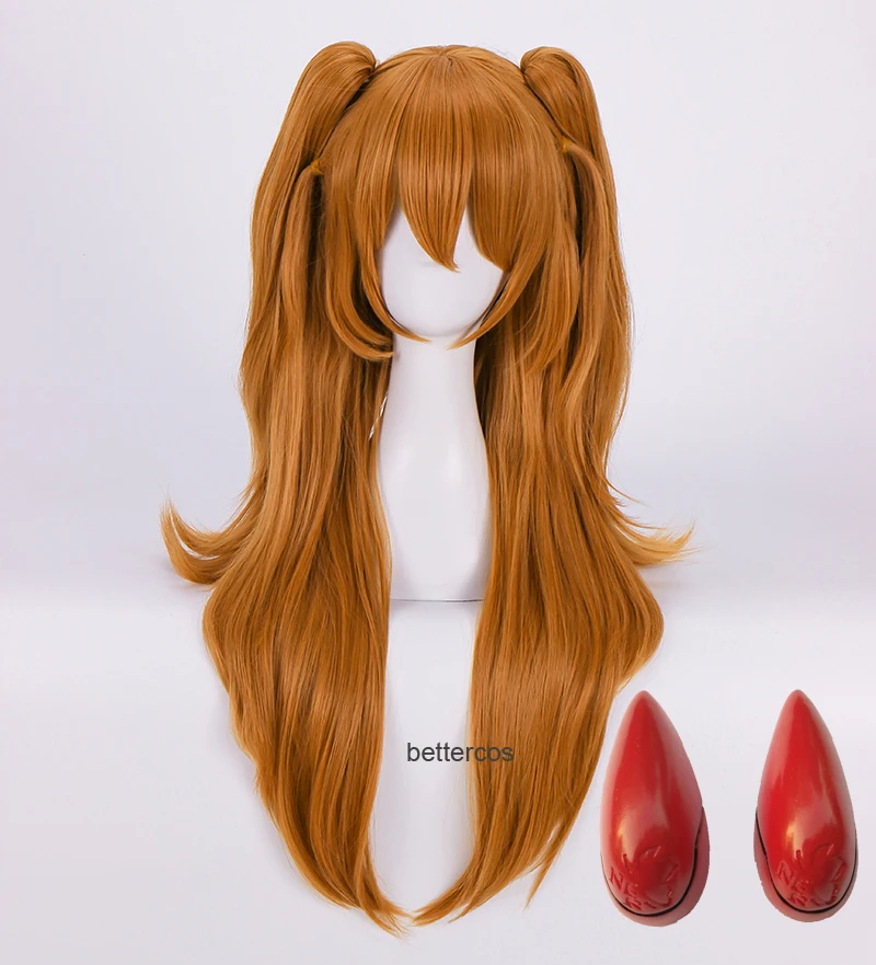 

High Quality EVA Asuka Langley Soryu Cosplay Wigs Long Orange With 2 Ponytail Clips Heat Resistant Synthetic Hair Wig + Wig Cap