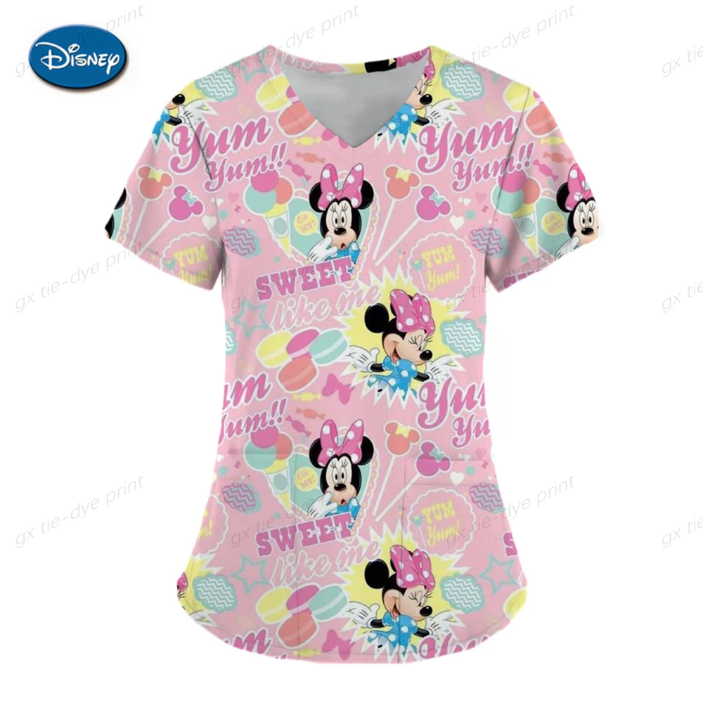 Disney Mickey Minnie Women's Nurse Uniform Scrub Top Cartoon Print