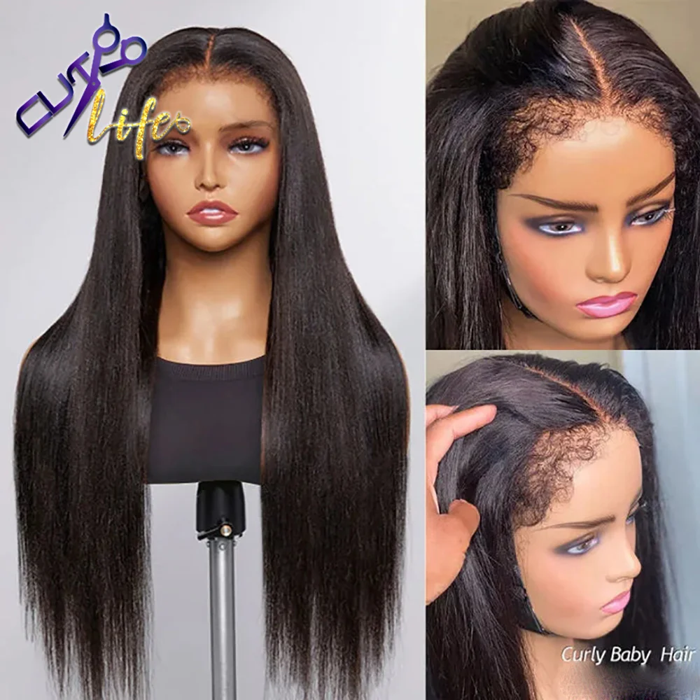 Invisible Strap Kinky Straight Wig Pre Cut Lace Wig With 4c Kinky Edges 360 Full Lace Remy 7x5 4x4 Pre-cut Closure Wigs
