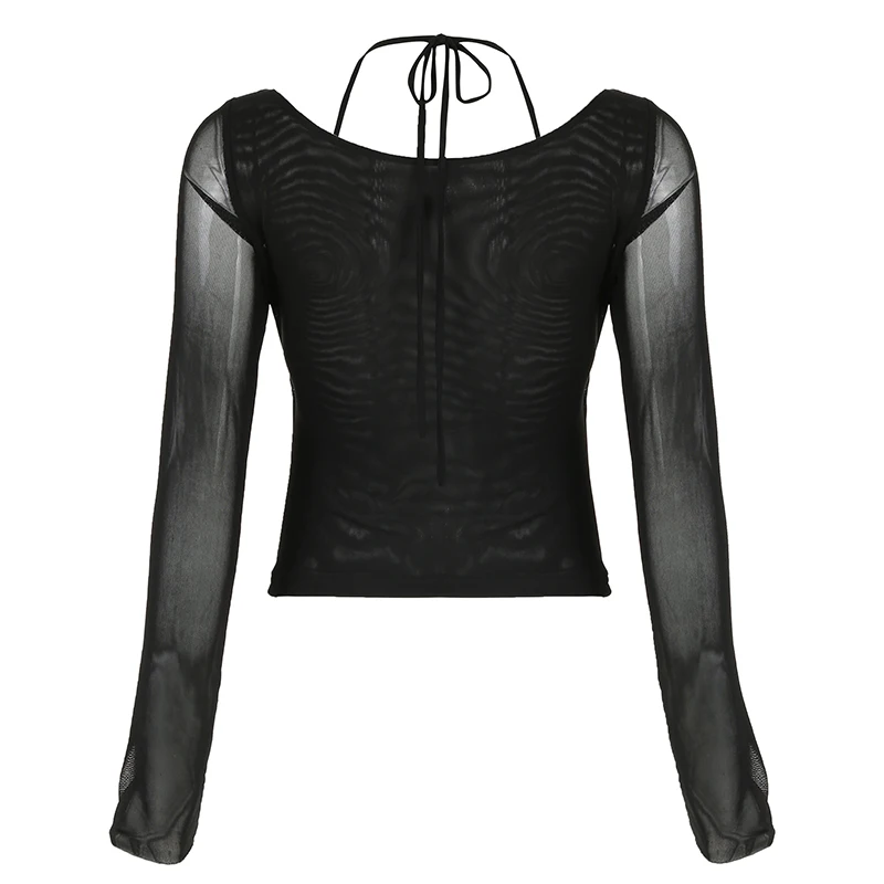 Stylish Cut Out Front Black Sexy Top for Women Mesh Long Sleeve V-neck Halter T-shirt Autumn Vintage Fitted Tees