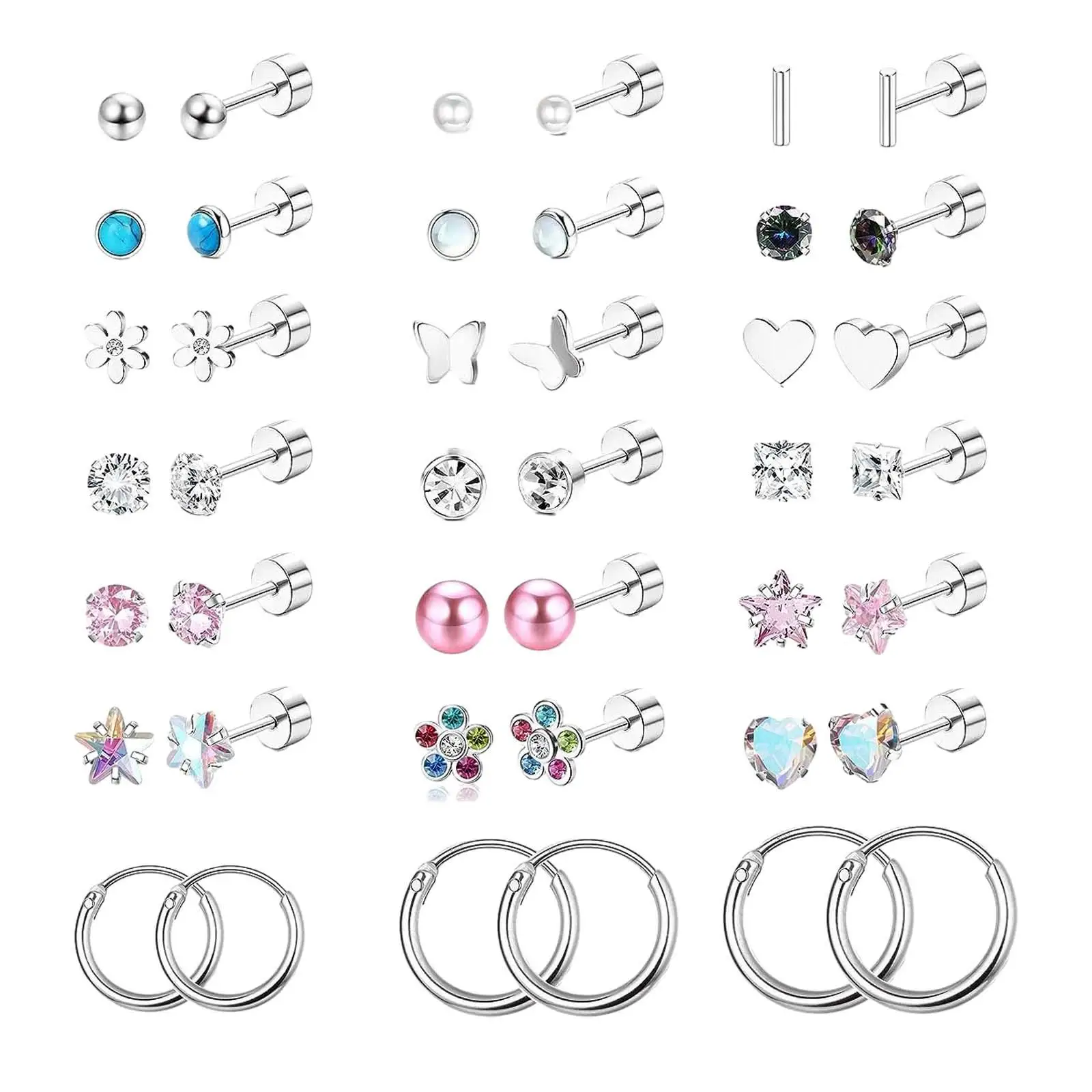 21 Pieces Butterfly Studs Earrings Heart Studs Earrings Stainless Steel Trendy Women Girls Earrings Hoop for Street Shopping