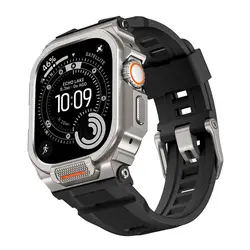 Rugged Silicone Strap with Protective Metal Bumper Cover for Iwatch 46mm (Titanium Black)