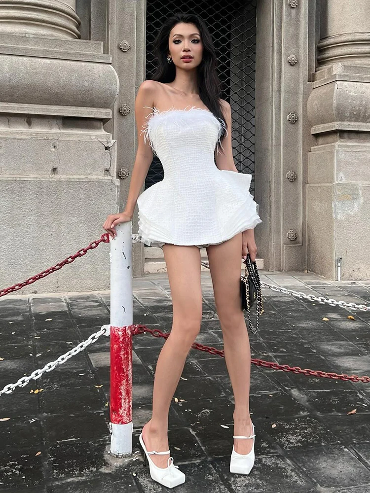 Nibber Fluffy Patchwork Dress Women Multilayer Hem Skinny Sleeveless Street Birthday Party Street Fashion Elegant Mini Bodycon