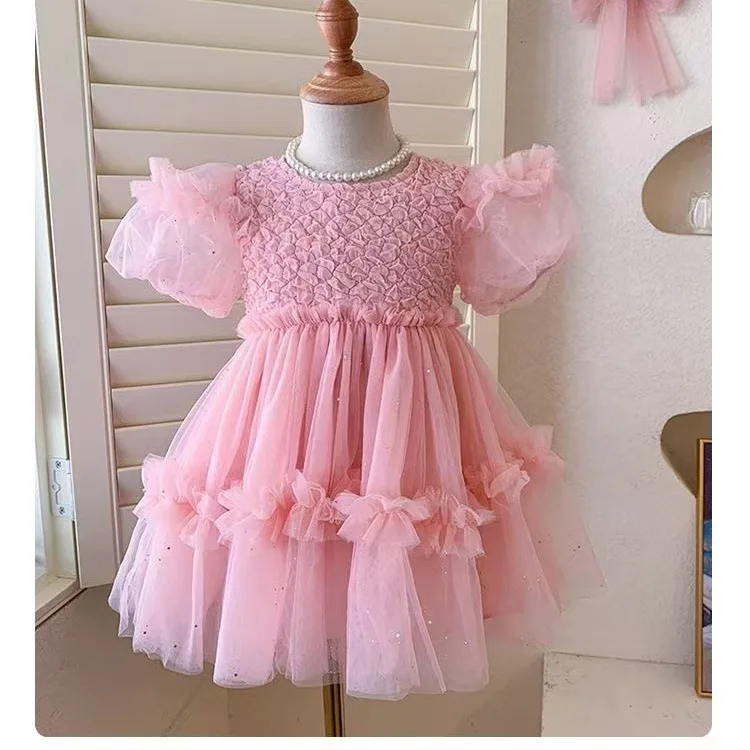 

Модное винтажное платье принцессы для девочек, детское Тюлевое платье с пышными рукавами и коротким рукавом, платье-пачка для свадьбы и дня рождения