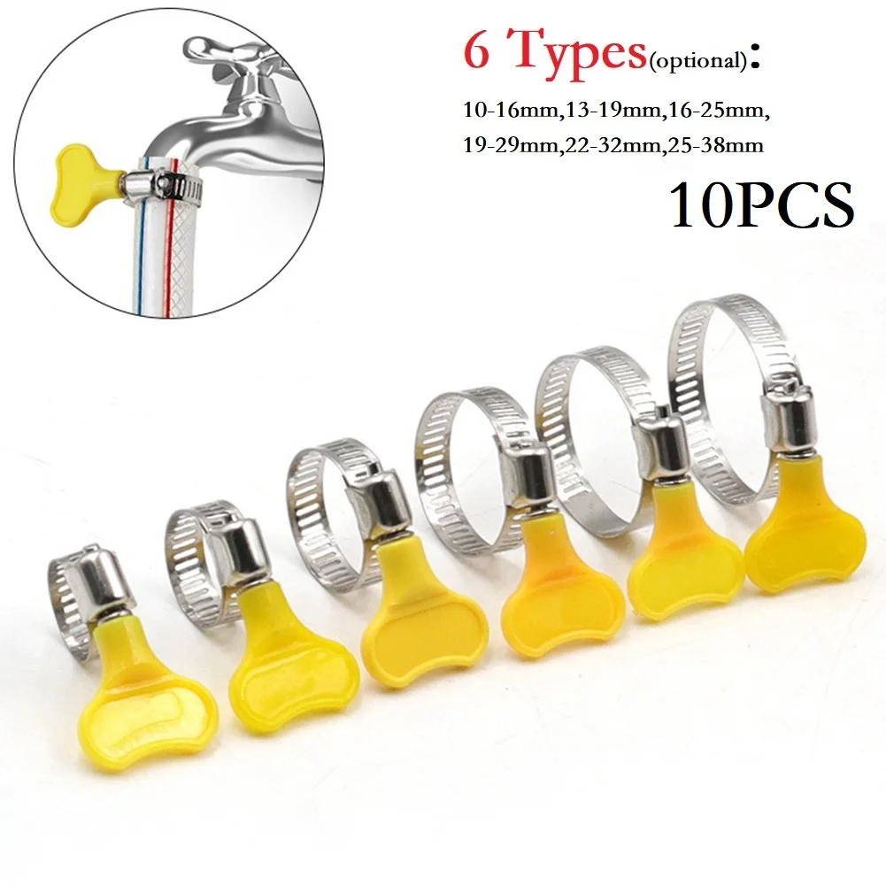 

10pcs 10-38mm Adjustable Yellow Plastic Handle Hand Wriggle Hose Clamps Worm Driving 201 Stainless Steel Pipe Clips For Tube