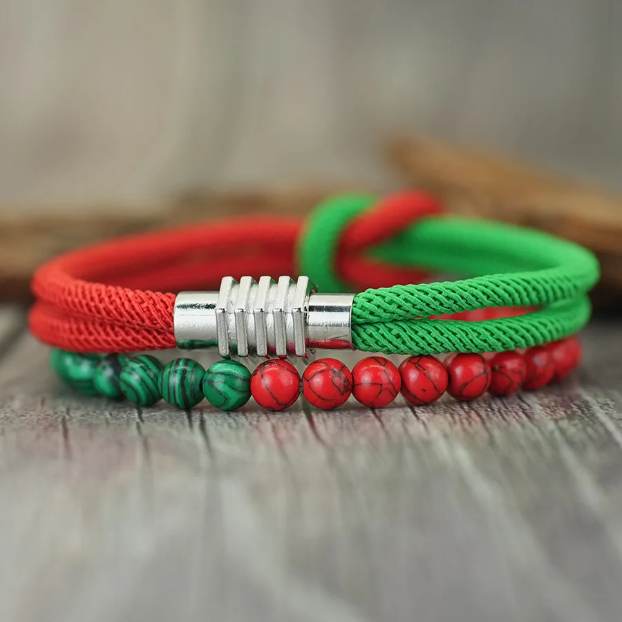 Green Red Howlite Beaded Christmas Bracelet Set For Men
