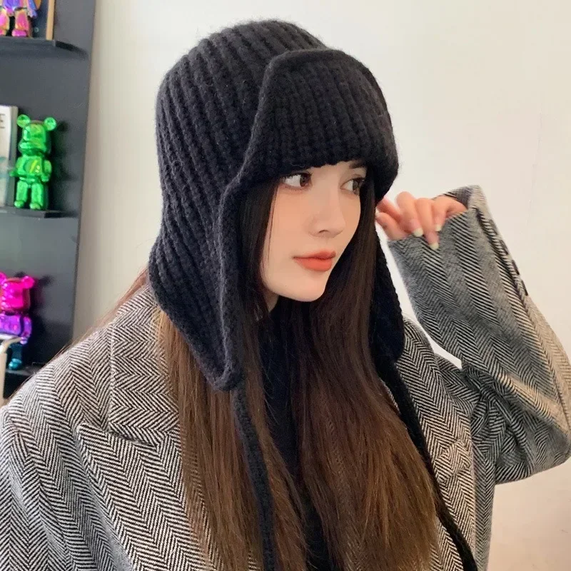 Fashion Ear Protection Knit Hat Winter Warm Cold Proof Flying Cap Solid Color Woolen Crochet Bonnet Korean Women Wool Beanie 2