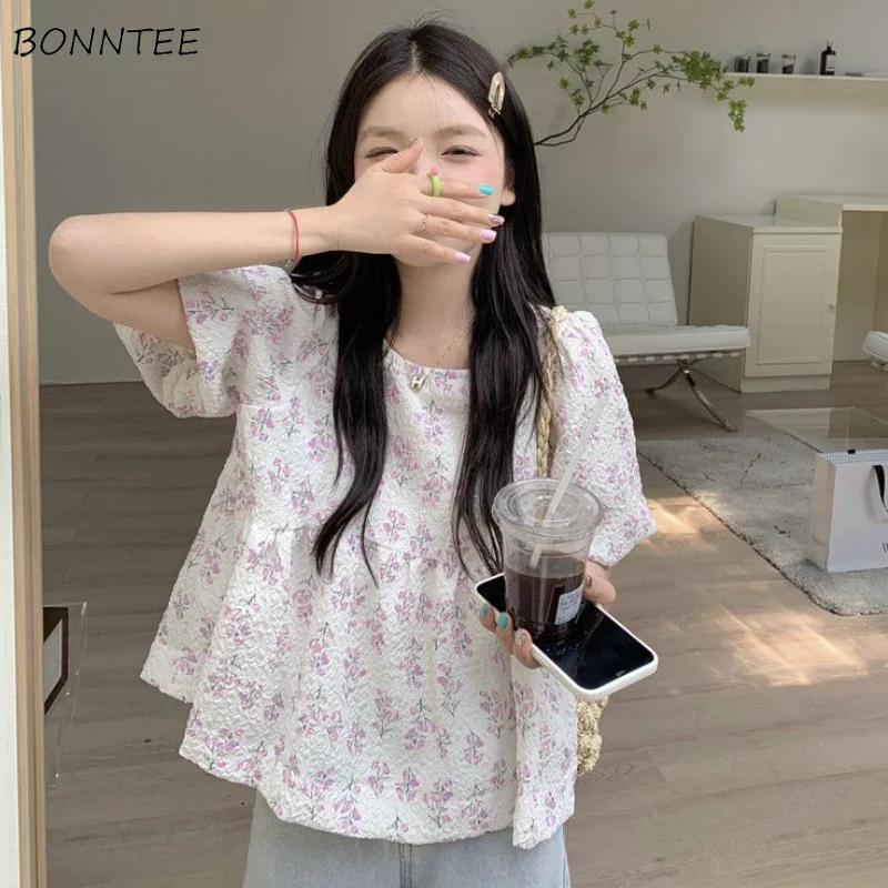 

Блузка женская с рукавами-фонариками, модная простая универсальная Повседневная тонкая рубашка с цветочным принтом, в стиле принцессы, в винтажном стиле, Ulzzang, на лето