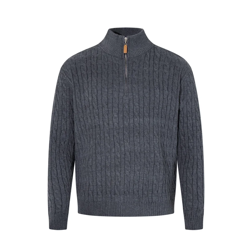 Retro Stand Collar Half Zipper Sweater Mens Solid Color Autumn Winter Casual Knitted Long Sleeve Loose Pullover Man