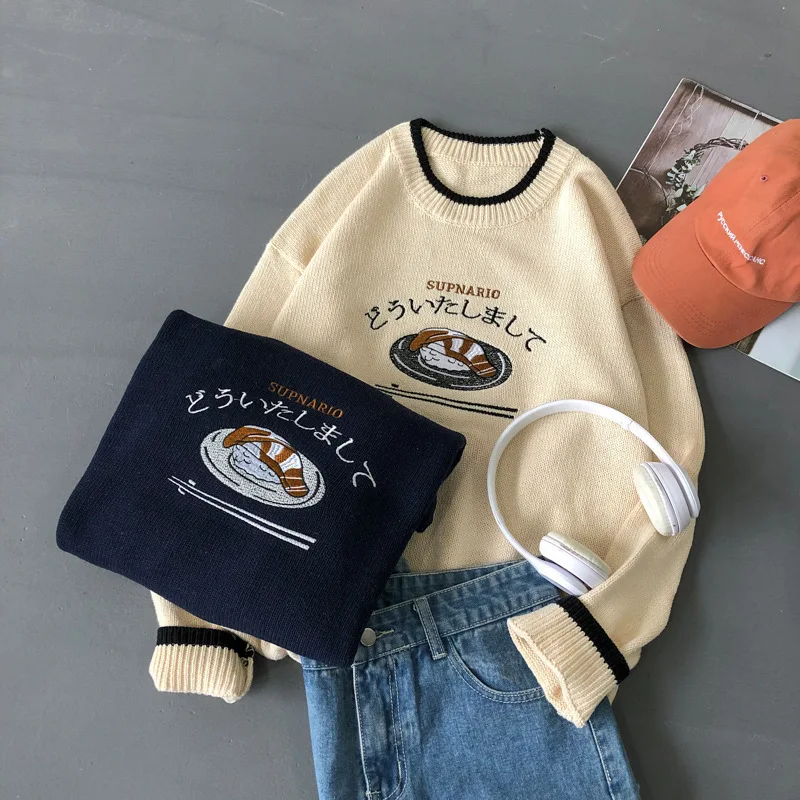 

2023 New Cartoon Cartoon Retro Color Contrast Crewneck Sweater Korean Academy Style Loose Men's And Women's Pullover 022