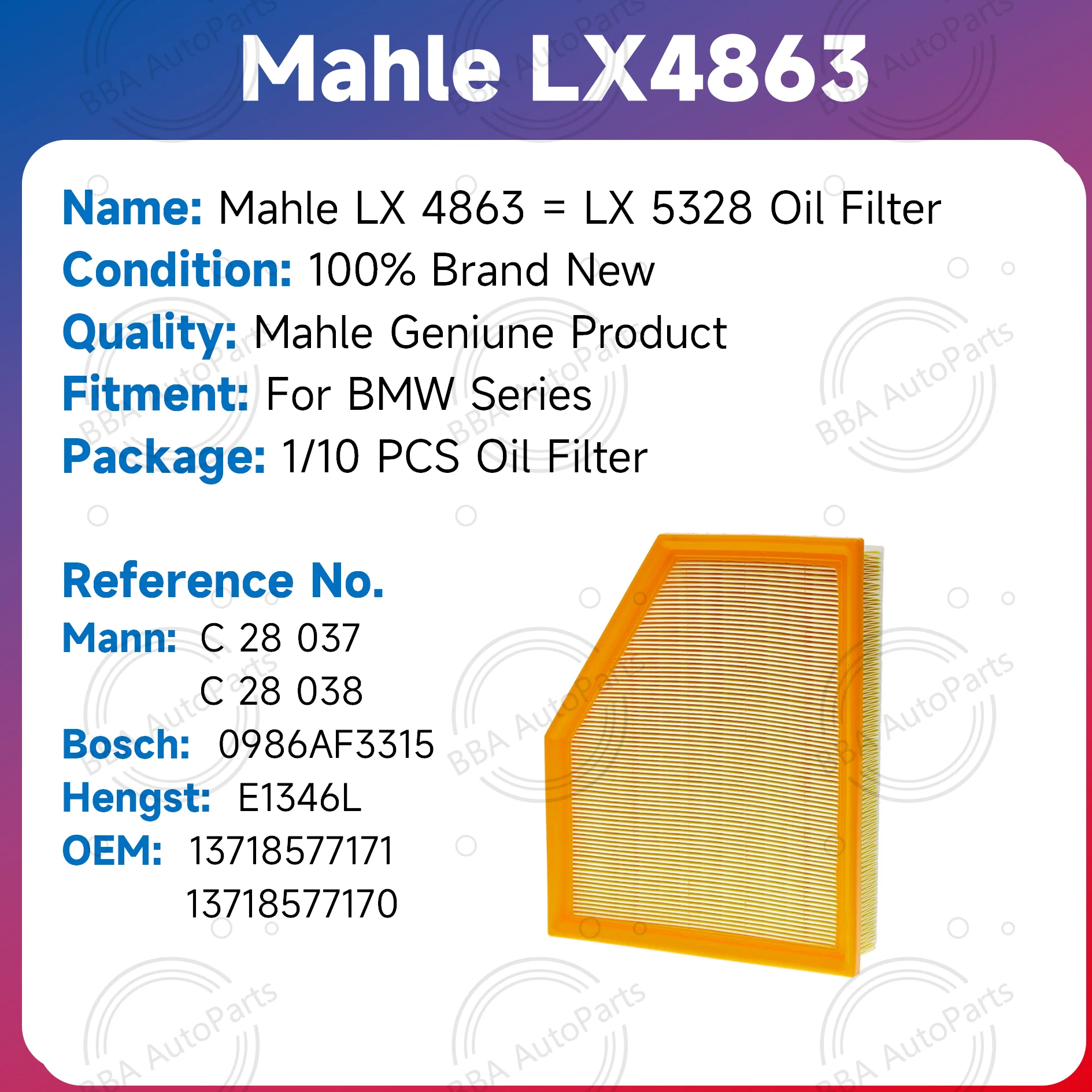 Mahle LX4863 LX5328 air filter for BMW 525i 530i 530Li 530Li 540i 730Li 740i 840i GT X3 with OE 13718577171 13718577170