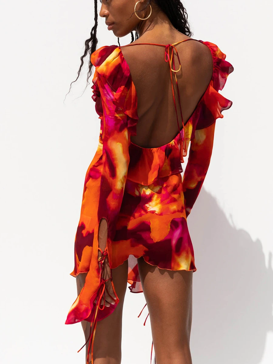 

Women Long Sleeve Bodycon Dress Tie-Dye Print Tie-Up Ruffles Deep V-Neck Backless Cocktail Dress Party Club Skinny Mini Dress