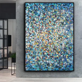 Dipinto a Olio Astratto Blu Fatto a Mano su Tela Design Semplice e Disordinato Arte da Parete per Decorazione Soggiorno