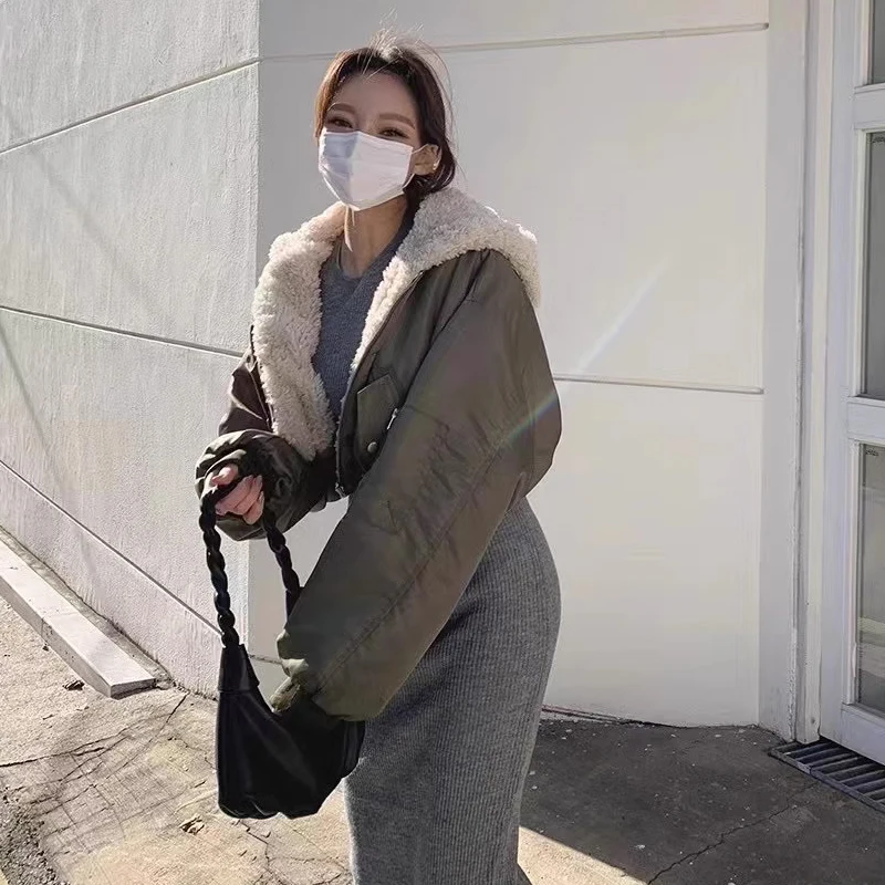 양면 착용 면 패딩 코트 여성의 2023 가을과 겨울 짧은 양모 겉옷 두꺼운 따뜻한 후드 파카 탑