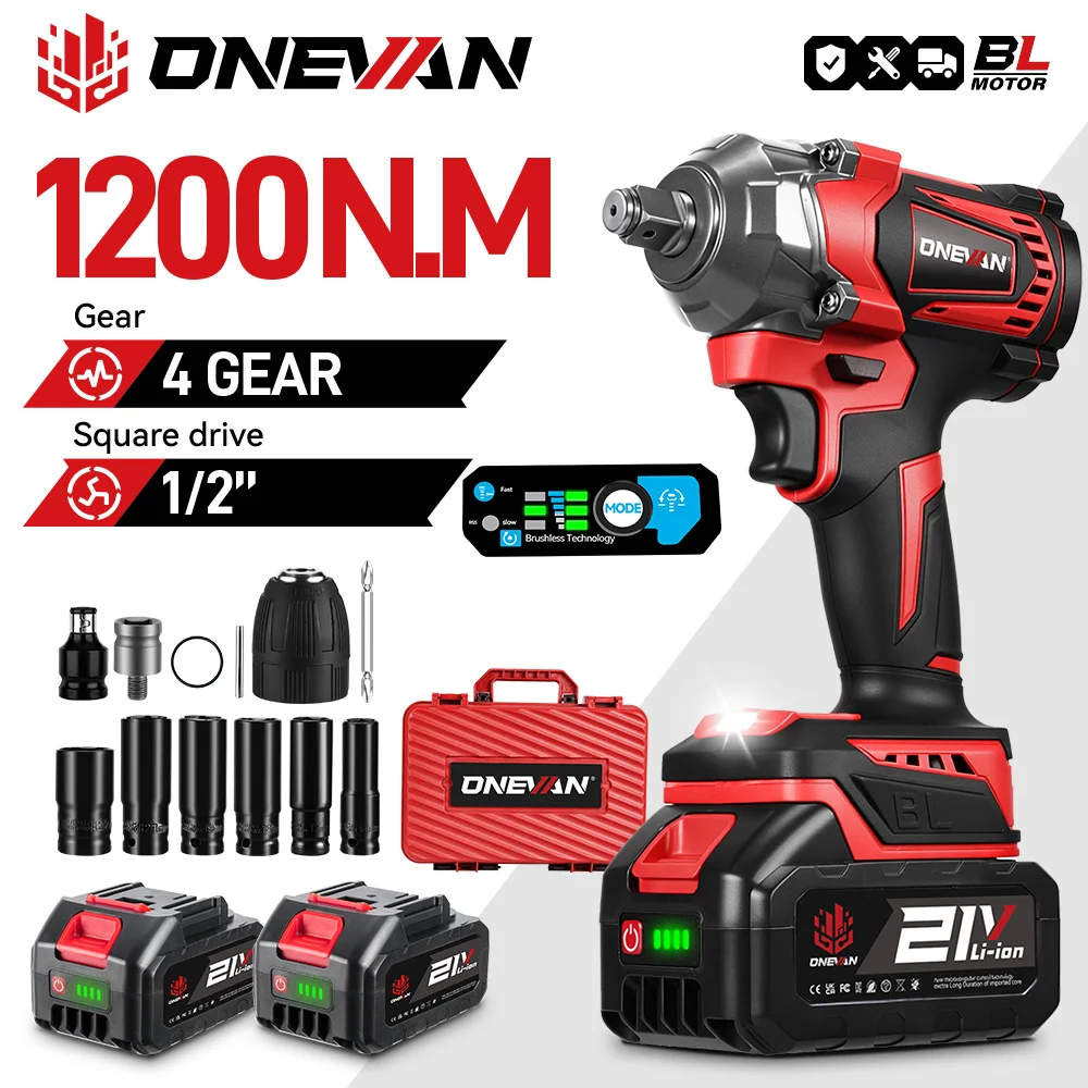 ONEVAN 1200N.M 브러시리스 전기 임팩트 렌치 1/2인치 무선 스크루드라이버 렌치 파워툴 (마키타 18V 배터리 핀용)