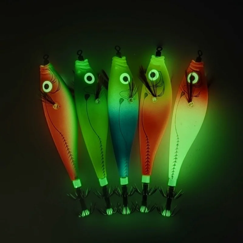 Glow Squid Jigs Salzwasser Angelköder 10pcs Holz Garnelen Garnelen