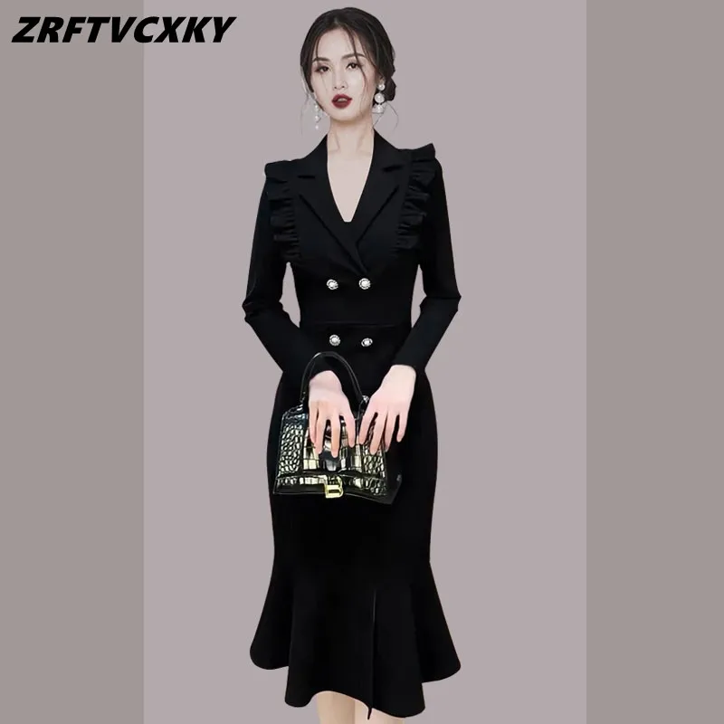 

Designer Women Occupation Suit Dresses New Fashion Ruffle Double-Breasted Long Sleeve Winter Business Mermaid Midi Dress