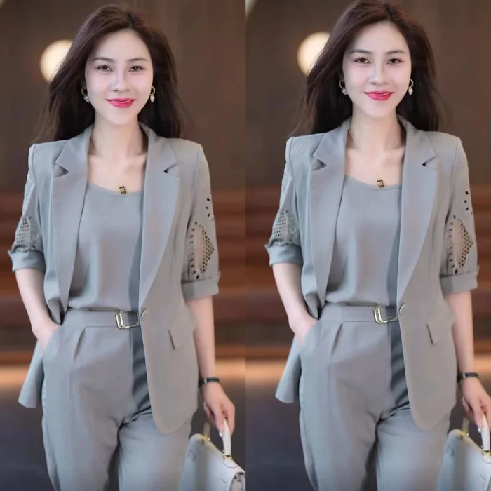 Professional Suit Three Piece Set 2024 New Fashionable Spring and Summer Slimming Temperament Haren Pants Women's Set