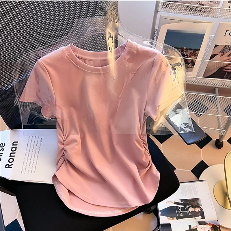 Summer ort Sve T-irt Women's Waist-Cinching Hem Irregular Arc Design Commute Sle Korean Version Polyester Fiber