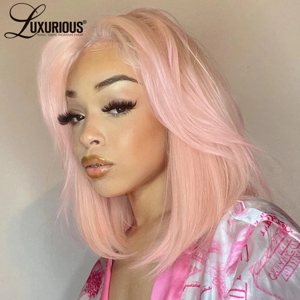 

5x5 Glueless Light Pink Colored Lace Front Wig Short Straight Bob Brazilian Virgin Human Hair WIgs For Women HD Lace Frontal Wig