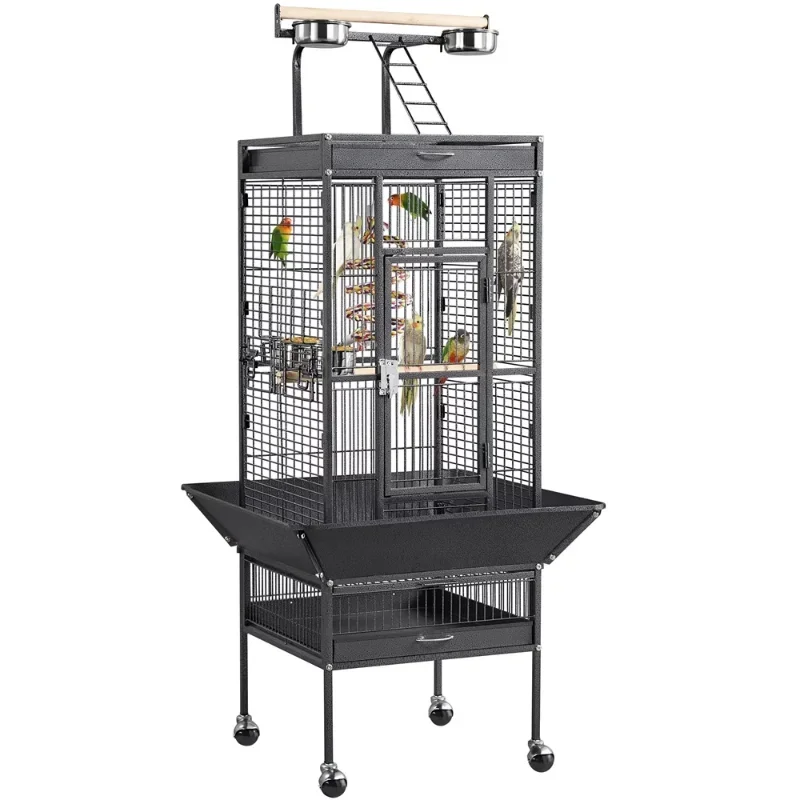 

61.5inch Rolling Metal Bird Cage for Cockatiel Lovebird Black Bird House Bird Accessories