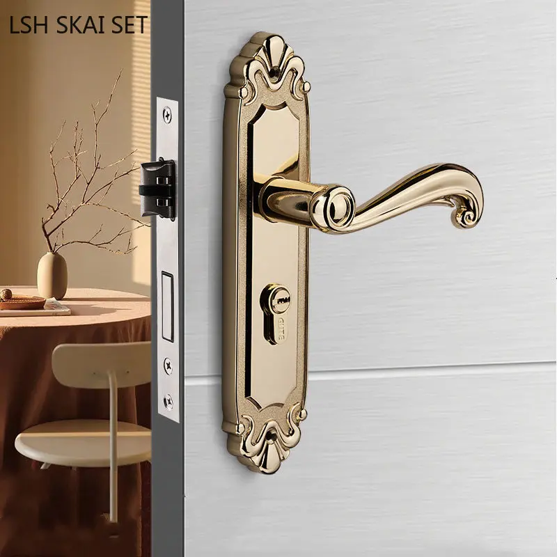 

European Solid Wood Door Handle Lock Bedroom Mute Security Door Lock Household Silent Mechanical Lockset Indoor Hardware