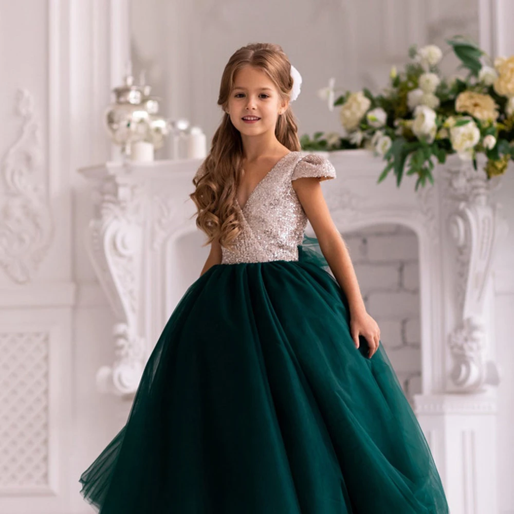 ブランド Emerald flower girl dress toddler birthday outfit high low gold
