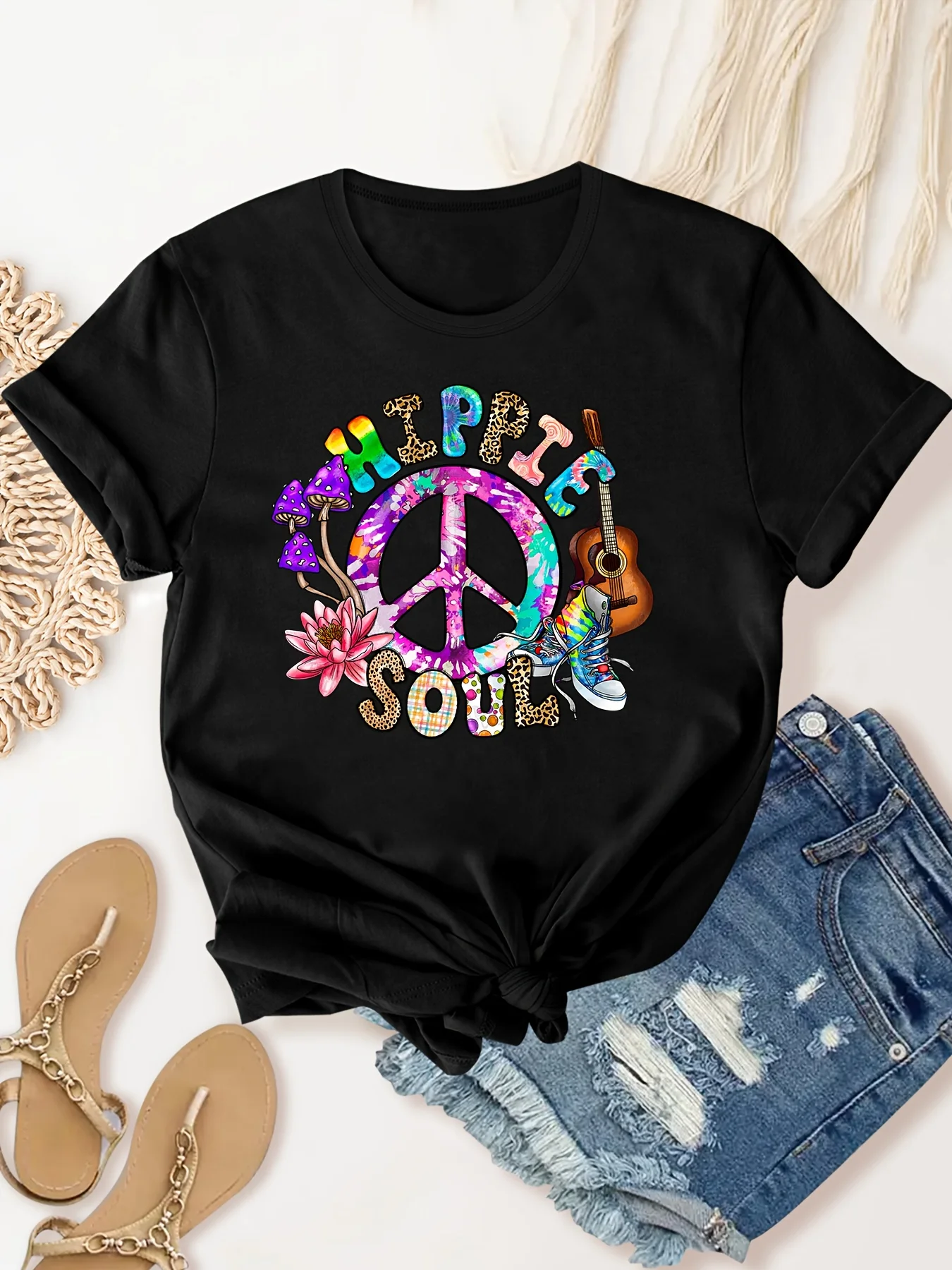 

Hippie Soul Letters Retro Print Women's Sports T-shirt - Comfortable Short Sleeve Crew Neck Activewear Top