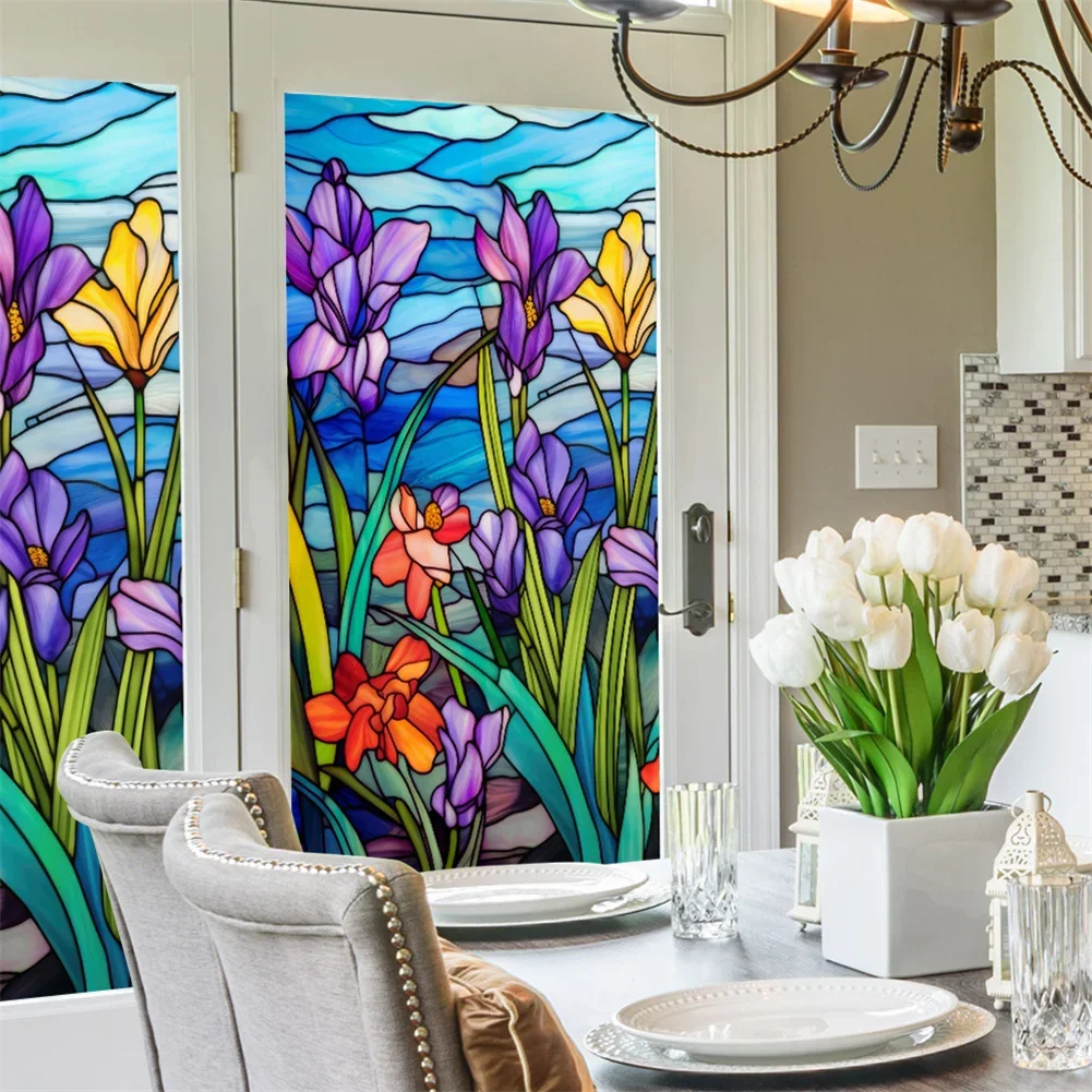 

Window Privacy Film Stickers Colorful Orchid Print Static Cling Film Non-Adhesive Window Covering Stickers For Glass