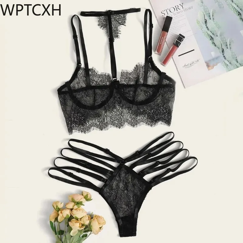 

Women Lace Lingerie Set 2 Pieces Bralette Bra and Panty Strappy Lingerie Set Mesh Underwear Negligee Deluxe Erotic Package