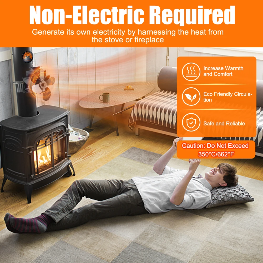 Hanging Fireplace Fan Wood Stove Fan Heat Powered Non-Electric Lotus Shaped  4-Blade Silent Flue Pipe with Magnetic Thermometer - AliExpress