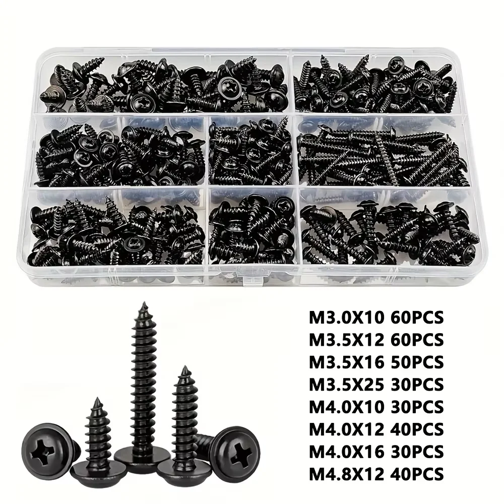 340개 셀프 태핑 나사 세트 - M3/M4/M3.5/M5 사이즈, 팬 헤드 필립스 드라이브, 목재 가구용 블랙 카본 스틸