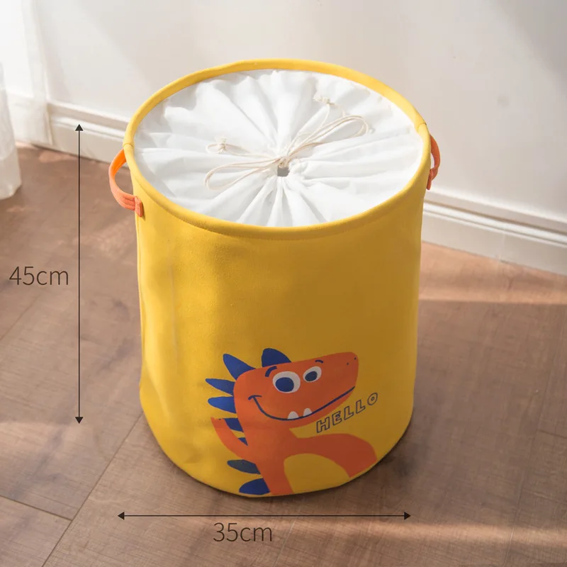 Cute Kid Cartoon Laundry Basket Foldable Organizer With Drawstring Handle Toy Collection Storage Box Dinosaur Design Canvas