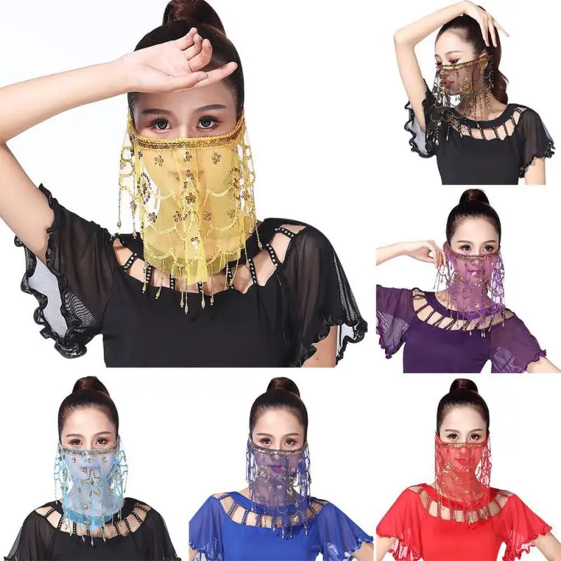 

Belly Dance Dancing Face Mask Women Belly Dance Face Veil With Sequins Beautiful Voile Wrap Scarf Perform Accessory