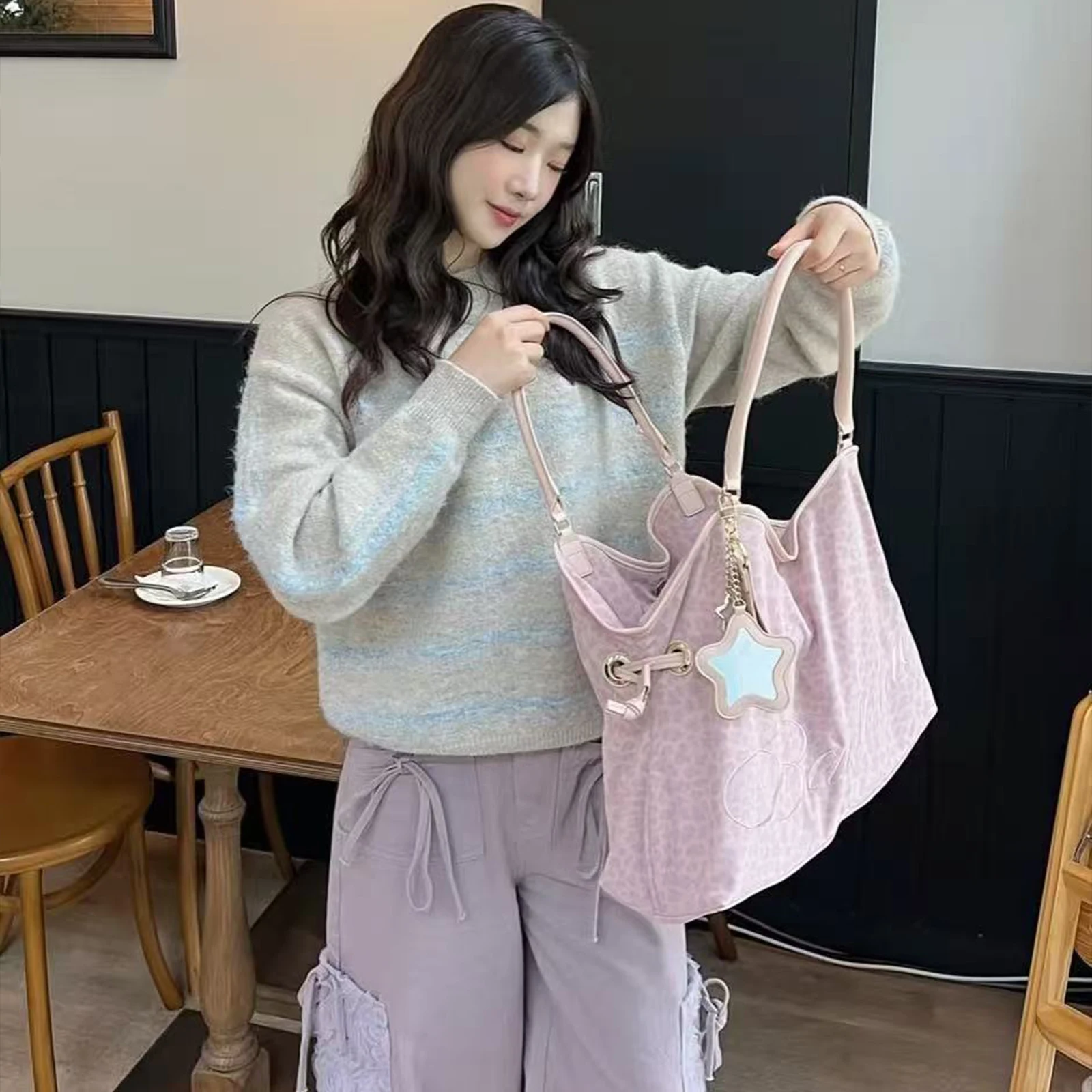 Y2K BadBlue Embroidered Leopard Print Tote Bag Large Capacity Shoulder Bag with Star Mirror Pendant Korean Trendy Women Handbag 3