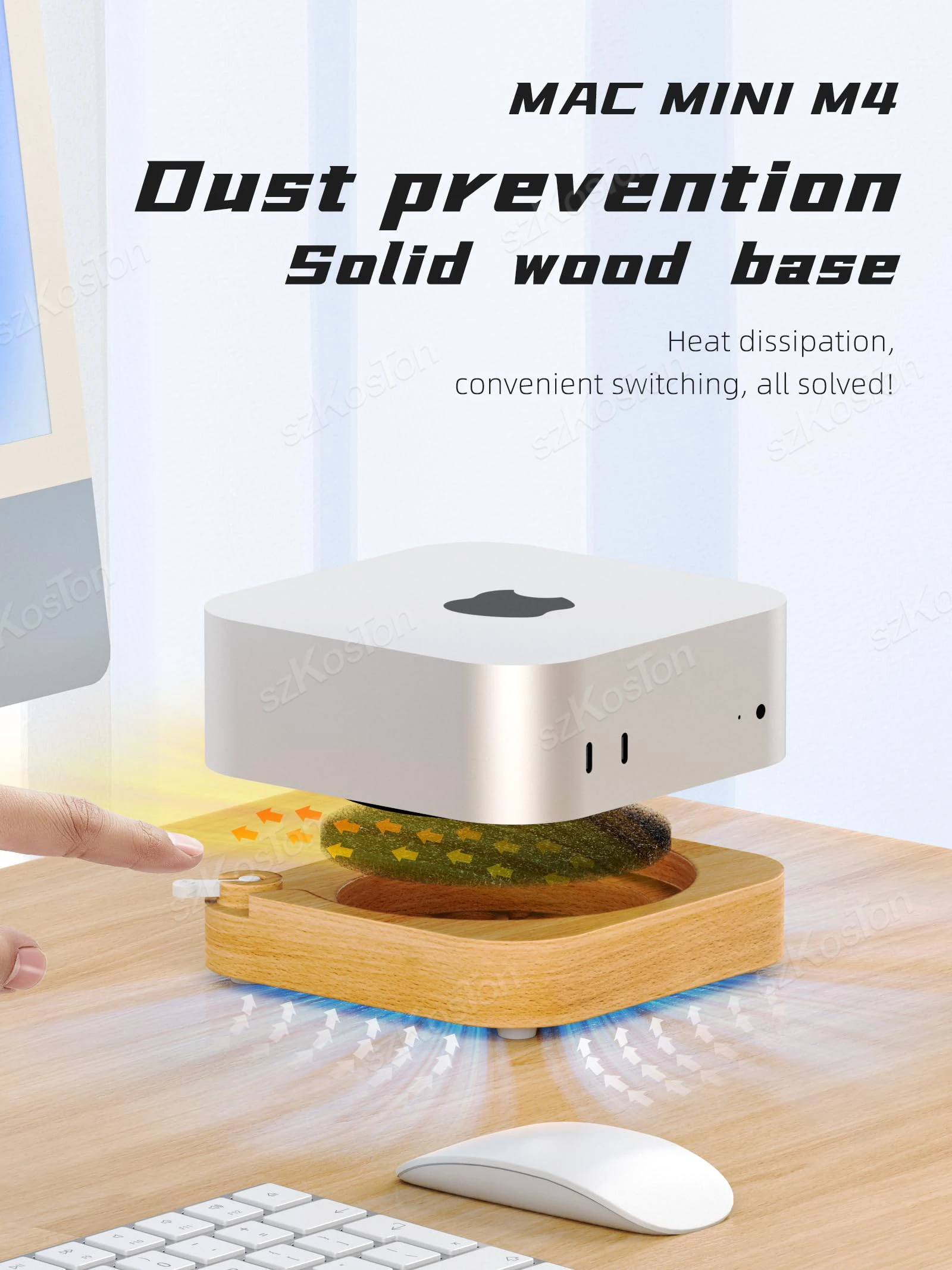 Mac Mini M4 & M4 Pro 컴퓨터 데스크탑 스탠드(외부 전원 버튼 방열 도크 홀더 포함)용 목재 방진 베이스