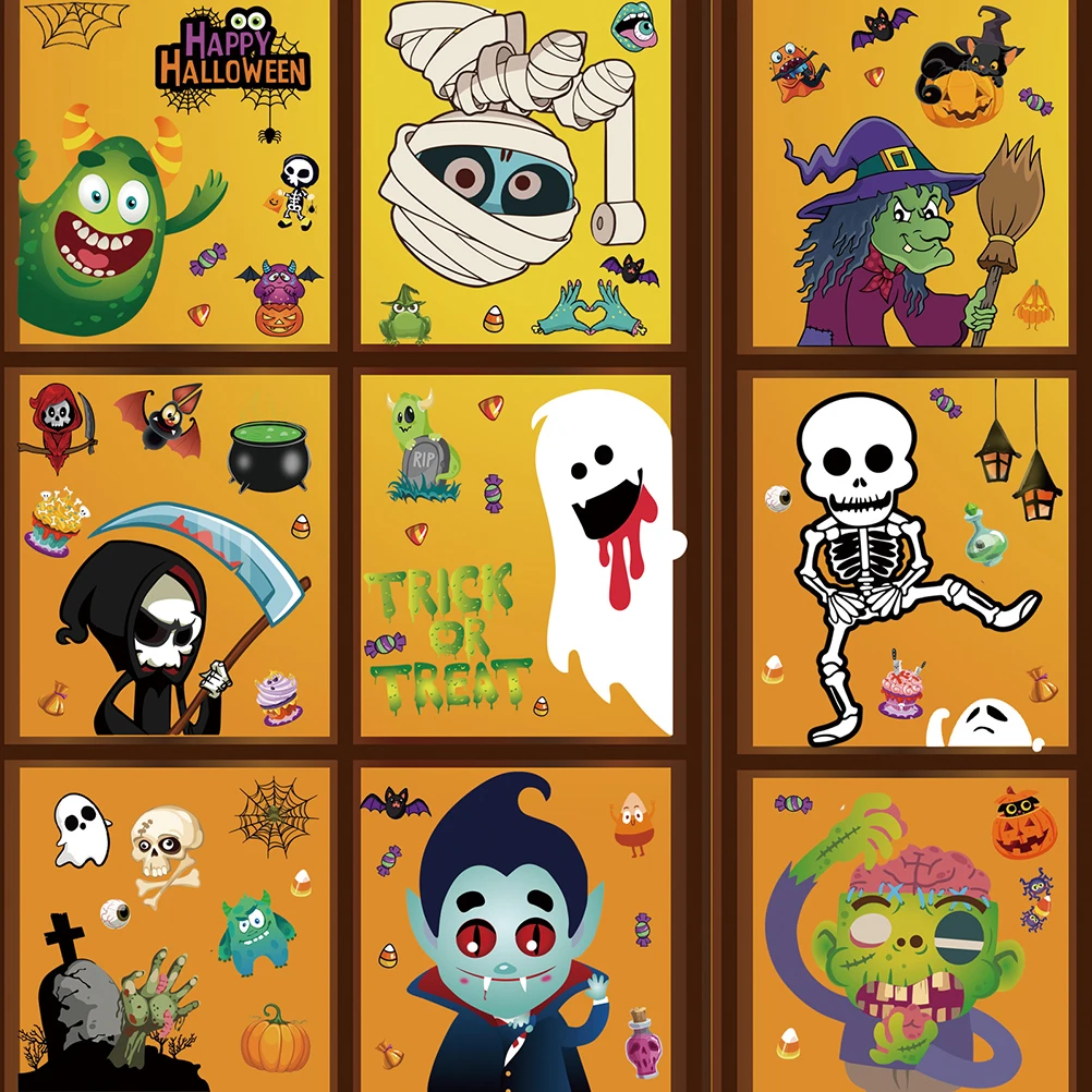 Halloween Decorations, Halloween Window Clings, 9 Sheets 113Pcs Window Stickers for Halloween Party Decor, Cute Skeleton Small