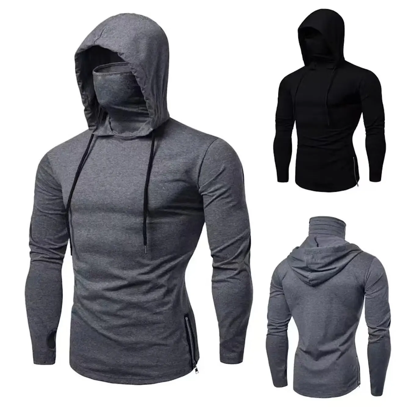 Men Solid Color Zip Up Hoodie Fashion Slim Fit Long Sleeve with Mask Design